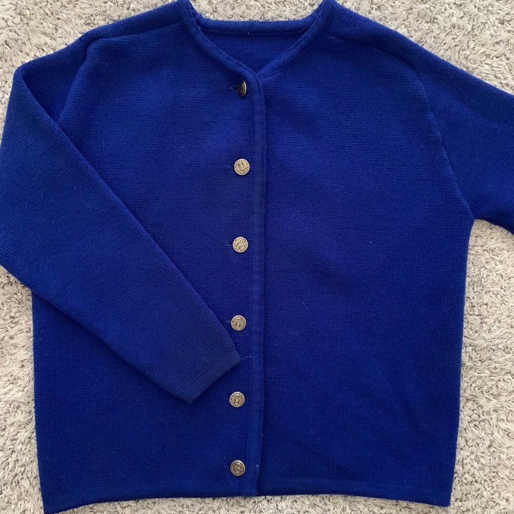 Vintage Heavy Cardigan with Es Devs Spes Nostra Buttons. Women's Large.